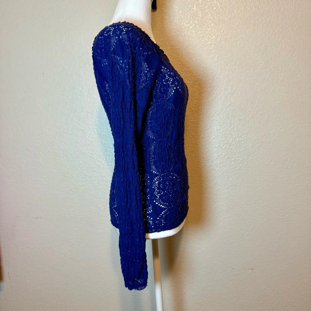 Free People Sunny Pucker Lace Long Sleeve Stretchy Top Blue Size XS